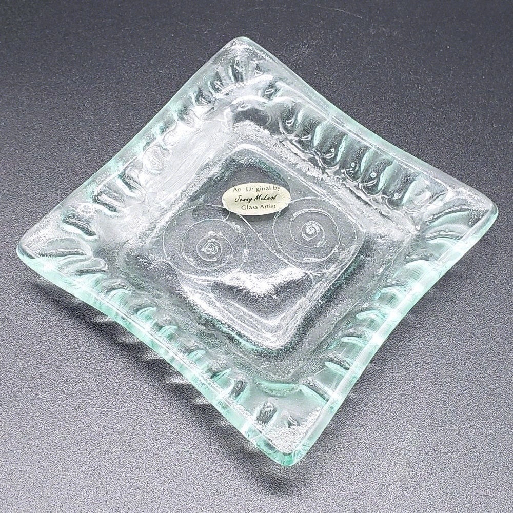 Jenny McLeod Clear Green Hue Square  Scroll Fused Art Glass Trinket Dish